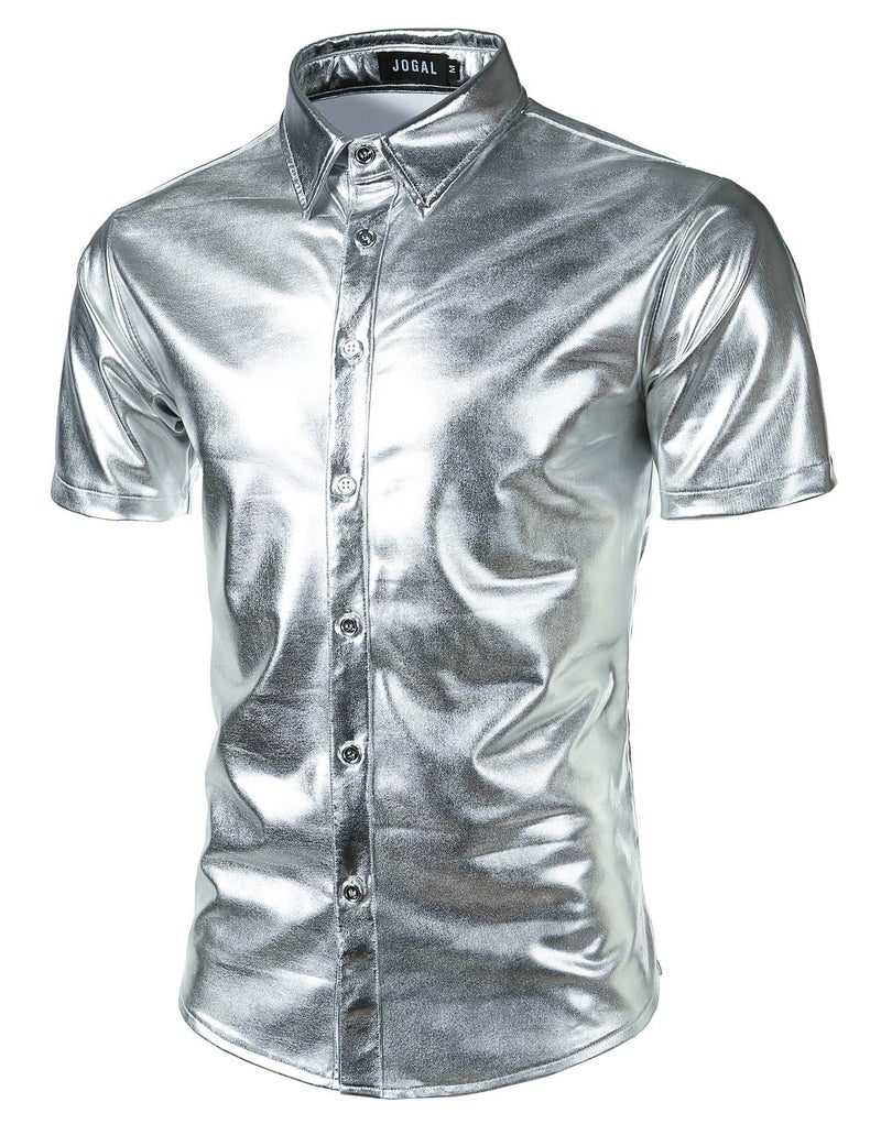 JOGAL Men's 70s Disco Shiny Metallic Gold Silver Short Sleeve Button Down Shirts Medium Silver - Image 1